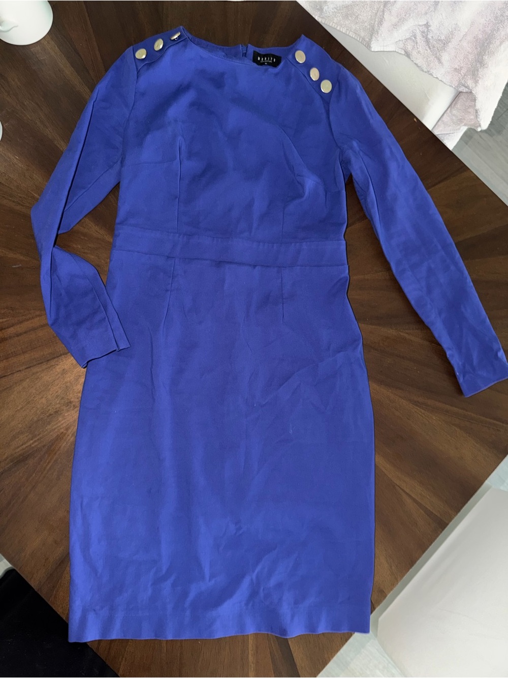 Women’s Royal Blue Long Sleeve Sheath Dress with Button Detail